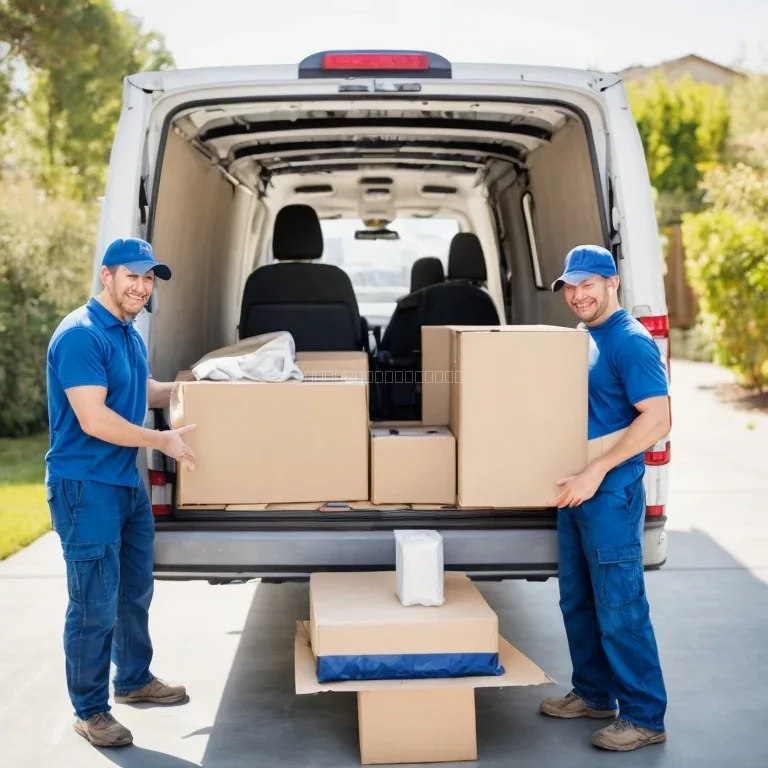 Camión de CajaHubRuta cargando muebles con personal etiquetando cajas